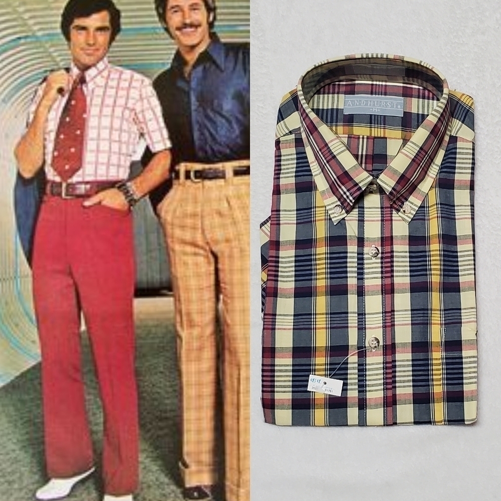 NOS Deadstock Vintage 70s Andhurst Plaid Short Sleeve Button Up Shirt Medium